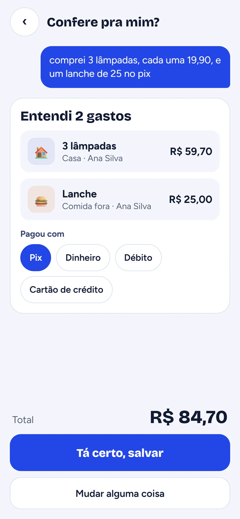 Tela Confere pra mim, com os gastos entendidos e o total