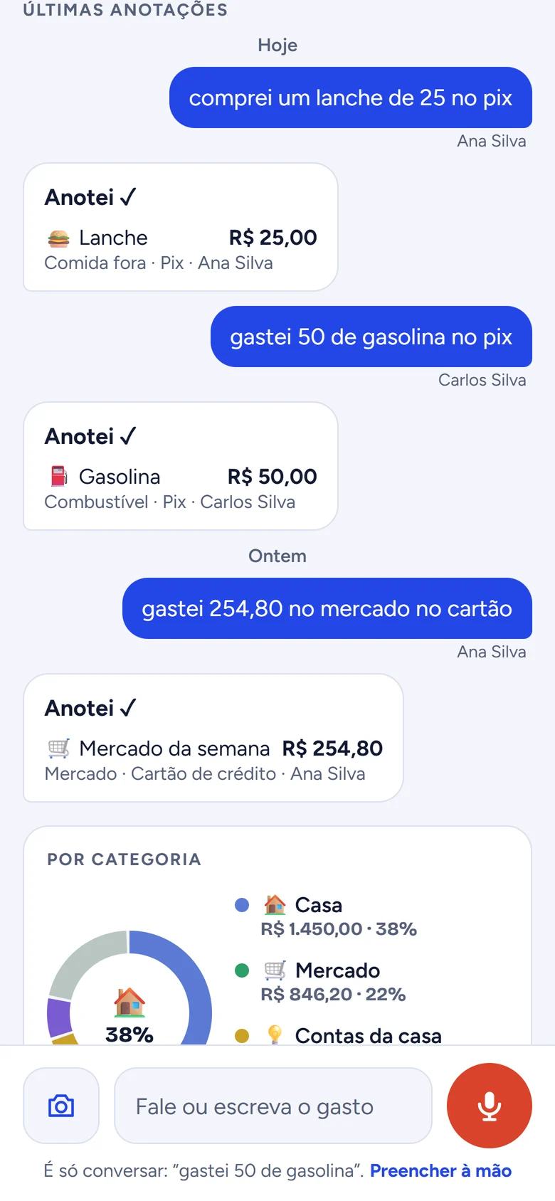 Tela do app com as mensagens faladas e o que o app anotou